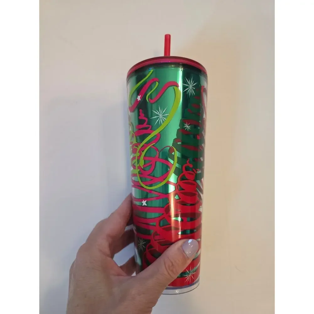 Starbucks Holiday 2023 Ribbon Trees Venti Cold Tumbler in Emerald Green Red Lid